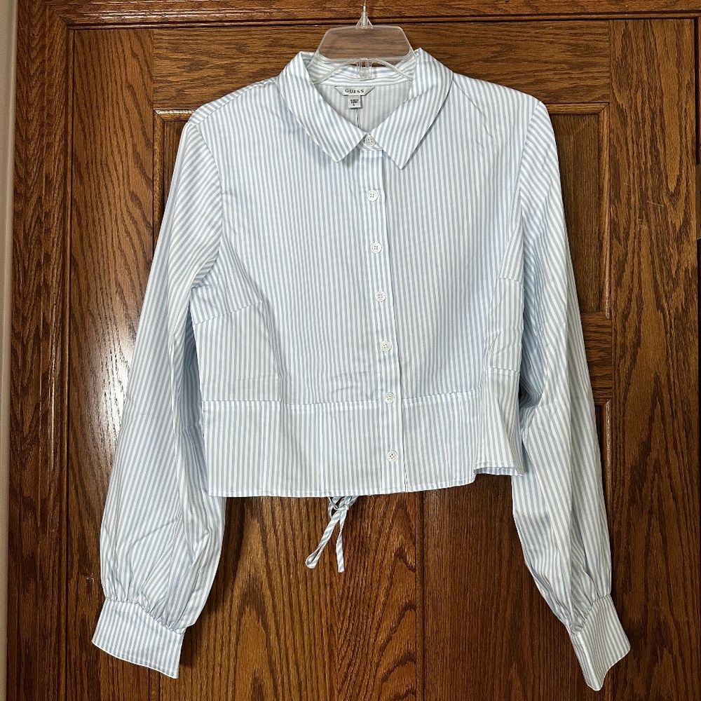 NEW Large Guess Arctic Sky Combo Button-up Short Striped Blouse LS Monica